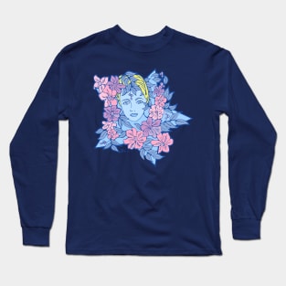 Blue Star Girl and Pink and Purple Flowers Long Sleeve T-Shirt